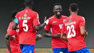The Gambia celebrate Musa Barrow's late penalty against Mali