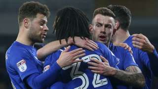 Cardiff City celebrate their opening goal against Bolton