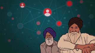 An illustration with two Sikh men sitting in the foreground and a network depicted behind with dots representing social media profiles.