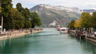 A view of the entrance of the Thiou river formed by the Annecy Lake water on October 6, 2018 in Annecy, France.