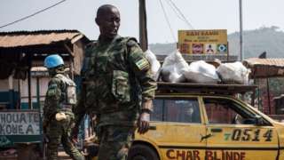 A United Nations Multidimensional Integrated Stabilization Mission in the Central African Republic (MINUSCA) soldier patrols