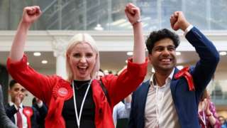 British Labour Party candidates celebrate after the Labour gain of Westminster City Counci