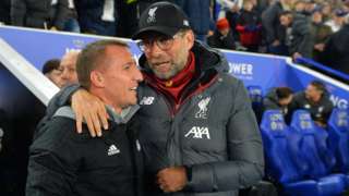 Rival managers Brendan Rodgers and Jurgen Klopp share a joke ahead of last season's fixture at the King Power Stadium
