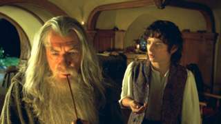 Scene from The Lord of the Rings: The Fellowship of the Ring film with Ian McKellen as Gandalf with Elijah Wood as Frodo