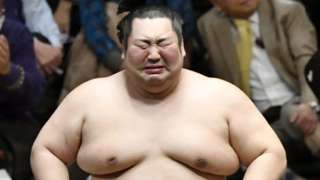 Sumo wrestler Tokushoryu reacts after beating Ozeki Takakeisho at the New Year Grand Sumo Tournament in Tokyo on 26 January 2020, to win his first top-division championship. Kyodo Photo via Credit: Newscom/Alamy Live News