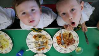 Children eating school dinner