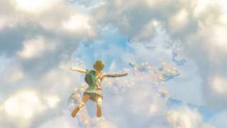 Link, the character from the Zelda series, skydives through a cloudy blue sky in this screenshot