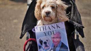 A dog on the funeral route in a pram and a picture of Paul O'Grady with the words "Thank you"