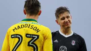 James Maddison of Norwich City and Tom Cairney of Fulham disagree