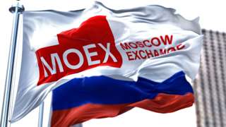 The flag of the Moscow Exchange with the Russian national flag in Moscow in March 2022