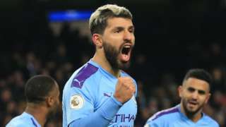 Sergio Aguero celebrates scoring for Manchester City against Sheffield United