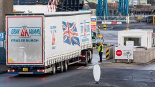 A lorry arrives at Larne port in Antrim, where a customs post has been established as part of the Northern Ireland Protocol