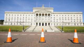 Traffic cones outside Parliament Buildings, Stormont, Belfast, home of the Northern Ireland Assembly.
