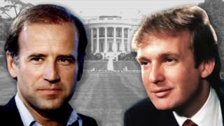 Composite image of Joe Biden and Donald Trump with the White House behind them