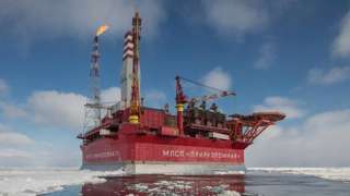 Prirazlomnaya offshore ice-resistant oil-producing platform is seen at Pechora Sea, Russia