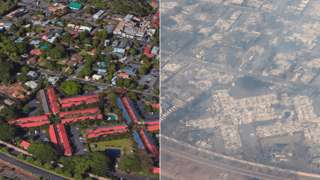 Before and after showing devastation to residential and hotels in Lahaina