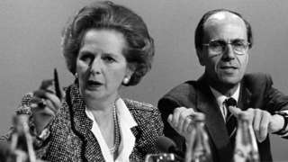 Margaret Thatcher and Norman Tebbit at a press conference in 1987