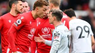 Tempers heat-up between Brennan Johnson of Nottingham Forest and Daniel Podence of Wolverhampton Wanderers during the Premier League match between Nottingham Forest and Wolverhampton Wanderers