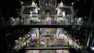 Engineers have finished assembling the twin solid rocket boosters