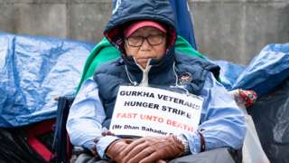Gurkha veteran, Dhan Gurung on day 12 of a hunger strike opposite Downing Street in London after returning from hospital, on 18 August 2021