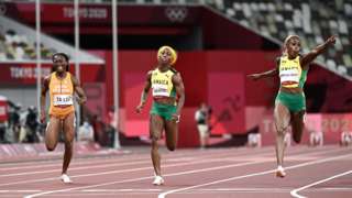 Ivory Coast's Marie-Josee Ta Lou (left) in the final of the women's 100m at the Tokyo Olympics
