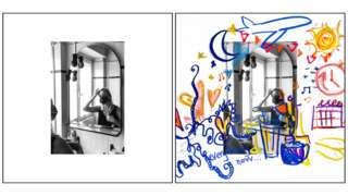 Portrait of Mari alongside her drawing