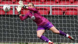 Bristol City's Sophie Baggaley saves a first-half penalty