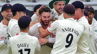 Lancashire celebrate Jordan Clark's hat-trick