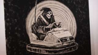 A painting by the artist Banksy's entitled 'Grim Reaper' that is to go on public exhibition at London's Hard Rock Cafe in Picadilly, during a photocall on March 09, 2023 in London, England.