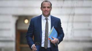 Foreign Secretary Dominic Raab arrives in Downing Street London, as Prime Minister Boris Johnson assembled key ministers to discuss the spiralling crisis in the Middle East following the US"s assassination of Iran"s top military leader.