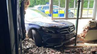 The blue Mercedes car, crashed into the Bell Inn in Kennett, Newmarket