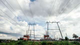 High voltage power lines at Olkiluoto nuclear plant in Finland