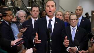 House impeachment managers (L-R) Rep. Jason Crow (D-CO), Sen. Adam Schiff (D-CA), Rep. Sylvia Garcia (D-TX), Rep. Zoe Lofgren (D-CA), Rep. Jerrold Nadler (D-NY) and Rep. Hakeem Jeffries (D-NY) talk to reporters before the second da