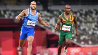 South Africa's Akani Simbine (right) finishing fourth in the men's 100m Olympic final behind winner Lamont Macrcell Jacobs of Italy