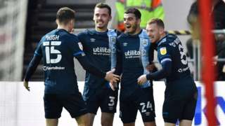 Huddersfield celebrate their second goal at Ashton Gate