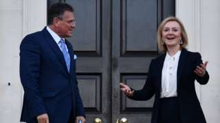 Foreign Secretary Liz Truss greets EU post-Brexit negotiator Maros Sefcovic as he arrives for a meeting at Chevening in KeNT