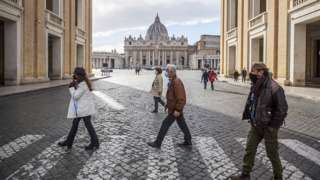 People in masks in front of St Peter's, Rome