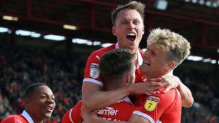 Barnsley celebrate their winner against Blackpool