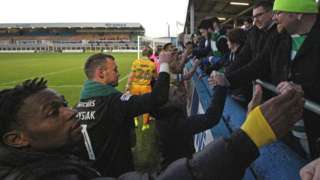 Yeovil players and staff thank fans after their draw at Hartlepool