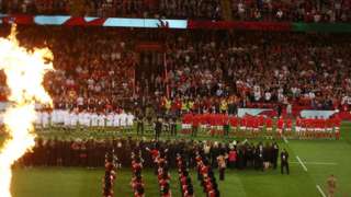 The players lining up for national anthems when Wales played England