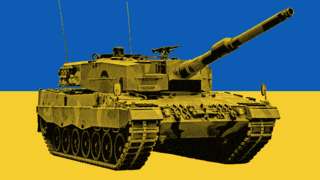 An illustration of a tank with the Ukrainian flag in the background