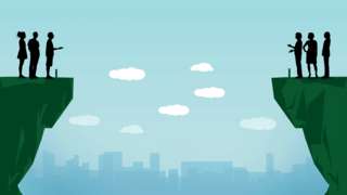 Illustration of people separated either side of a landscape