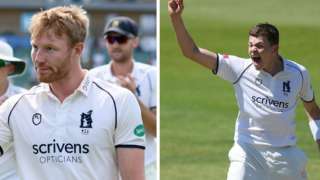 Warwickshire fast bowlers Liam Norwell (left) and Henry Brookes did late damage for the Bears with the bat against champions Surrey