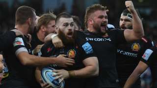 Exeter celebrate a try