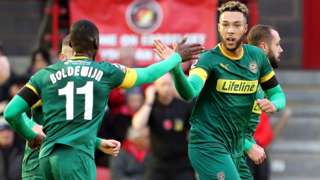 Notts County celebrate a goal against Ebbsfleet