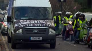 The convoy begins, led by a van