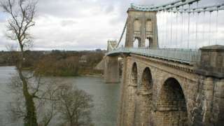 Photo of the first Menai Strait bridge, built in the early 19th Century