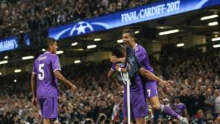 Cristiano Ronaldo celebrating in the Champions League final in Cardiff's Principality Stadium