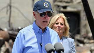 US President Joe Biden delivers remarks as he visits an area devastated by wildfires in Lahaina, Hawaii on 21 August 2023