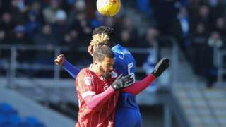 Bruno Ecuele Manga of Cardiff City and Lois Diony of Bristol City compete for the (aerial) ball